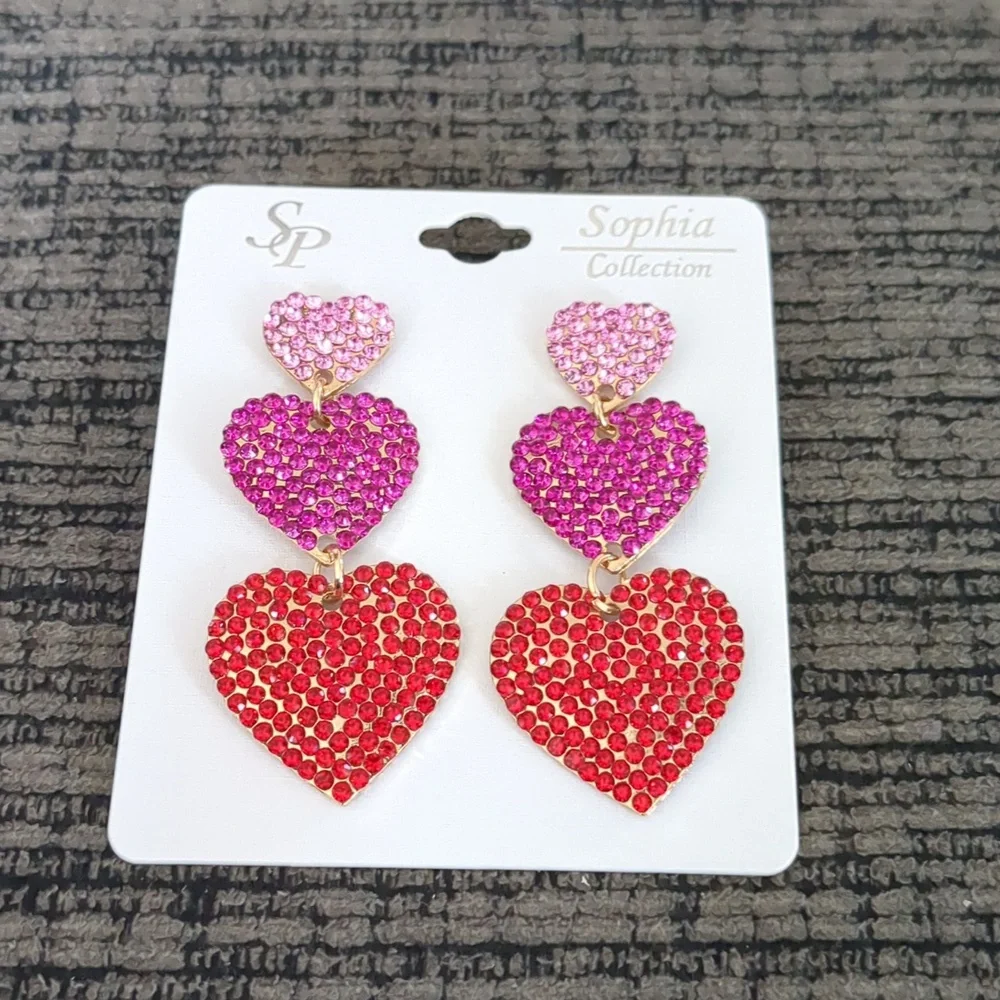 Multicolor Rhinestone Triple Tier Dangle Heart Earrings